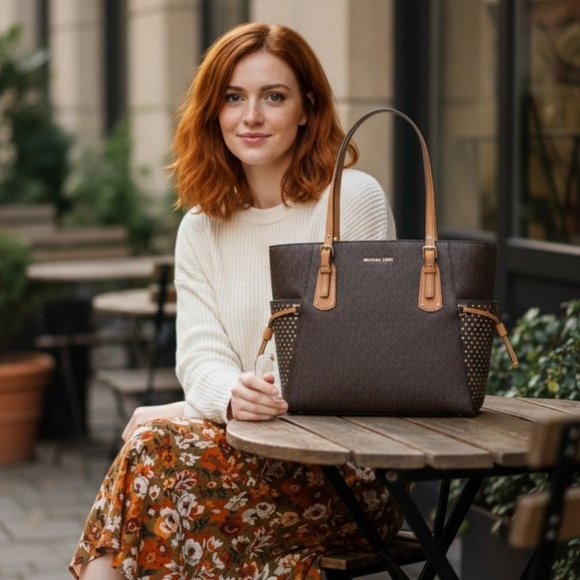 Michael by Michael Kors Voyager Small Logo Tote 2‑Tone Brown Star Side Pockets - Picture 3 of 16